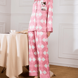 Adorable Satin Pajama Set With Harlequin Pattern And Cow Graphic - Rosy