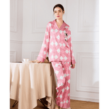 Adorable Satin Pajama Set With Harlequin Pattern And Cow Graphic - Rosy