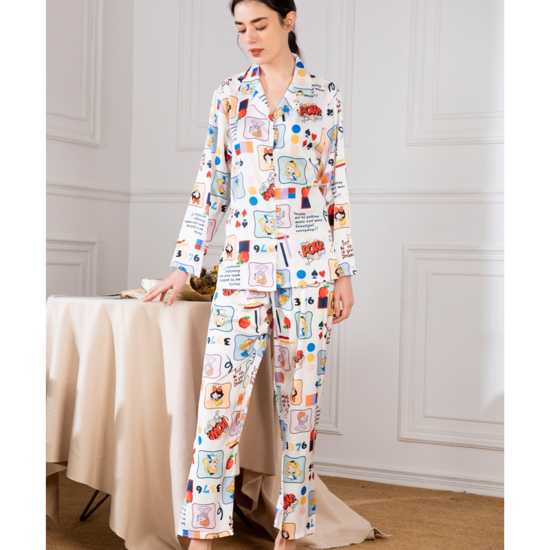 Ladies Satin Pajamas with POW! Cartoon Print
