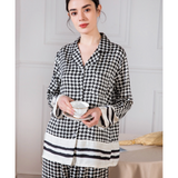 Satin Pajamas With Houndstooth Pattern and Horizontal Stripes