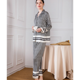 Satin Pajamas With Houndstooth Pattern and Horizontal Stripes