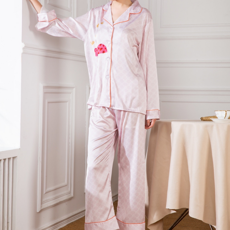 Satin Pajamas with Cartoon Pink Cat Pattern and Diamond Plaid Pattern