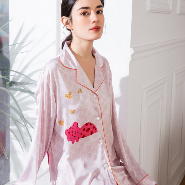 Satin Pajamas with Cartoon Pink Cat Pattern and Diamond Plaid Pattern