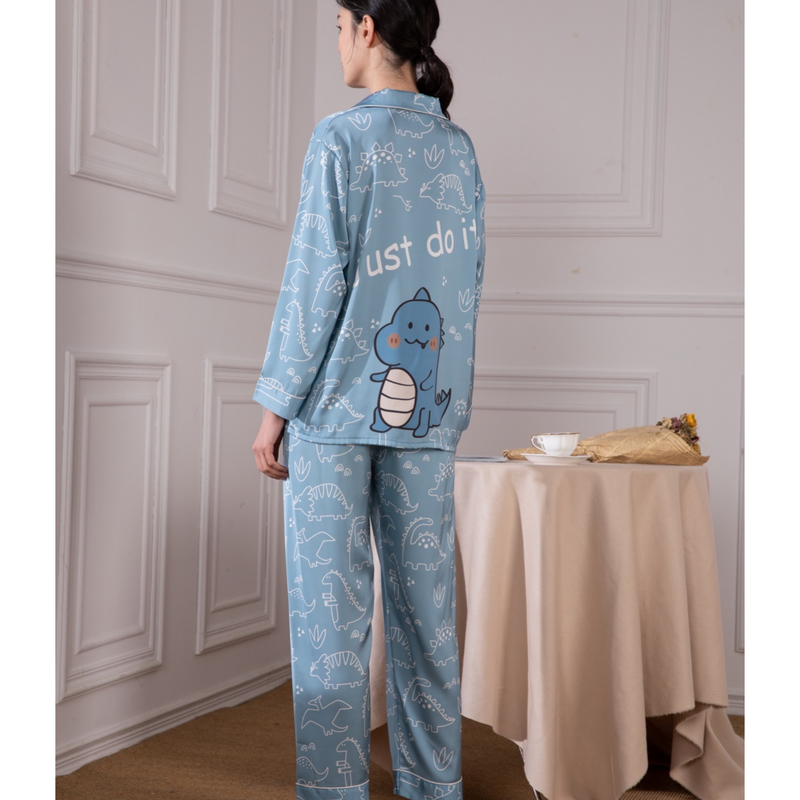 Lustrous Satin Pajamas with Adorable Dinosaur and Monster Print