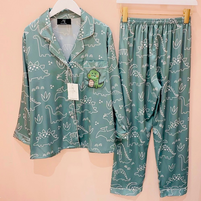 Lustrous Satin Pajamas with Adorable Dinosaur and Monster Print