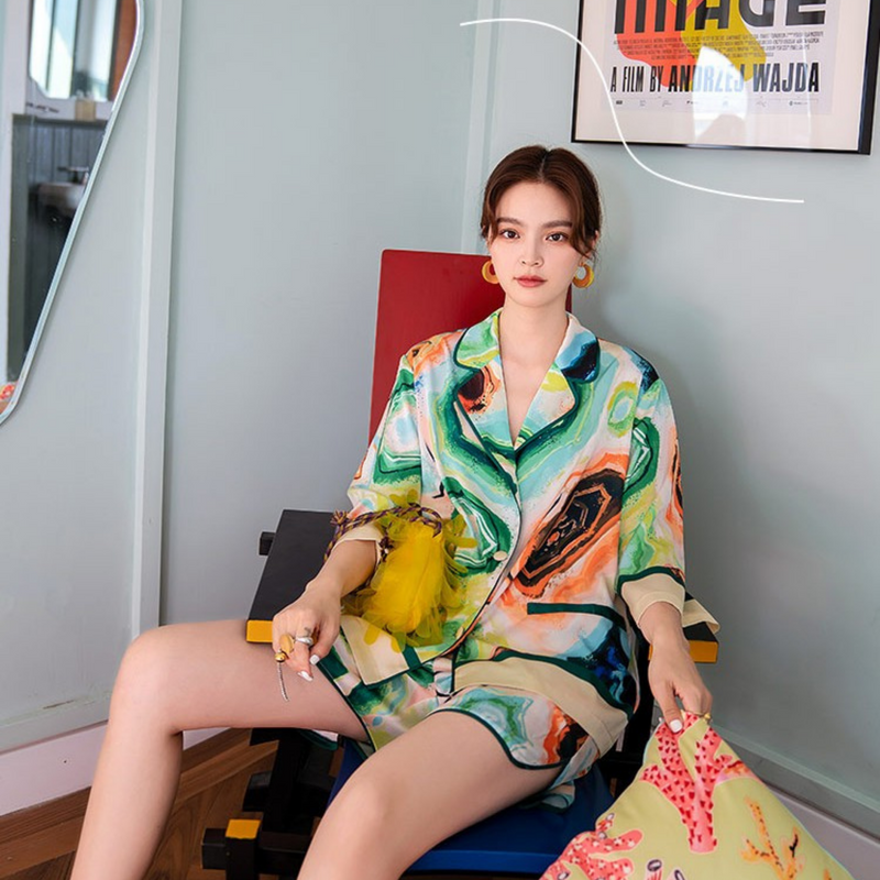 Colorful Abstract Print Satin Pajama Set Women’s Silk Sleepwear
