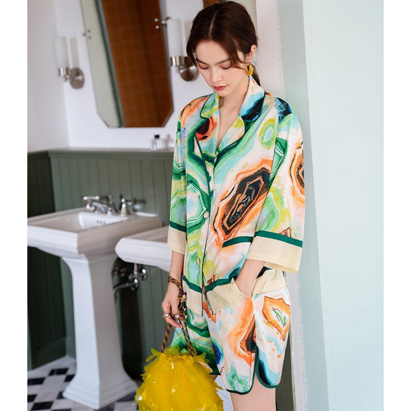 Colorful Abstract Print Satin Pajama Set Women’s Silk Sleepwear
