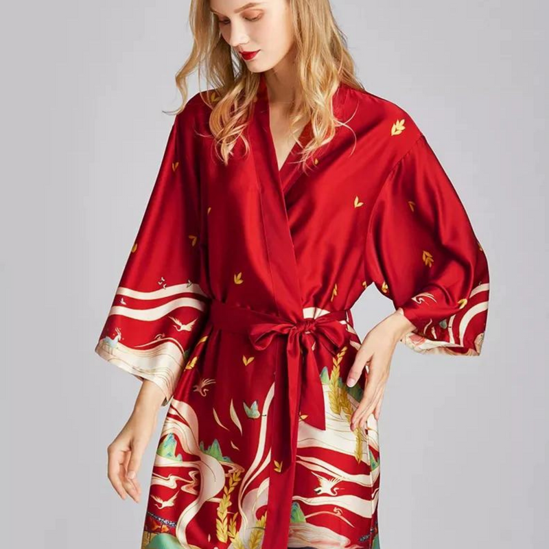 Unique Satin Night Robe with Floral Printed