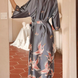Luxurious Satin Kimono Robe With Crane Pattern
