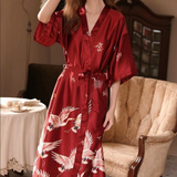 Luxurious Satin Kimono Robe With Crane Pattern
