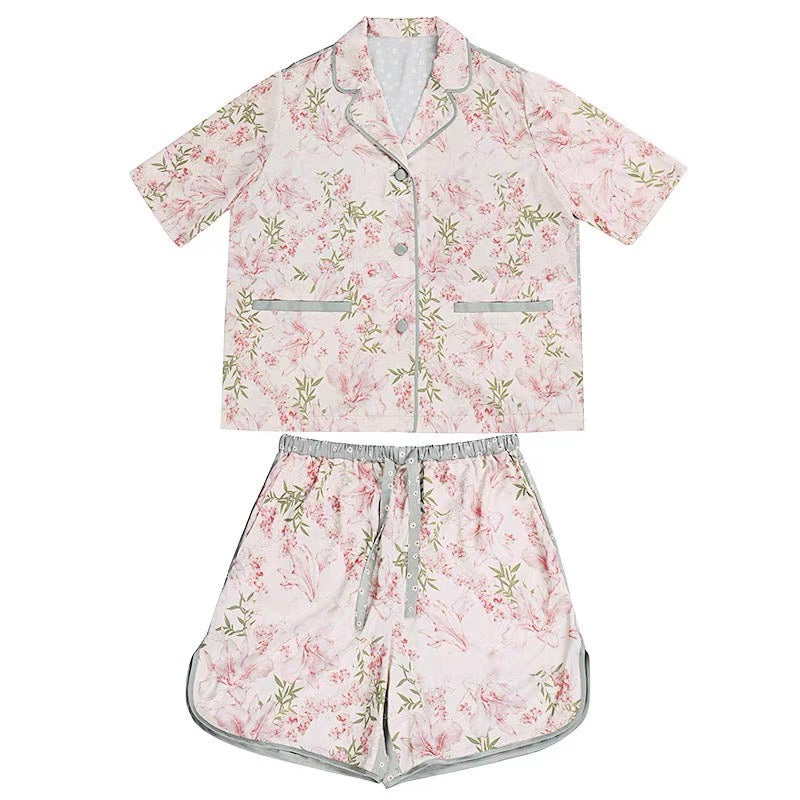 Light Gray Floral Print Satin Two-Piece Pajama Set