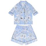 Light Gray Tropical Print Luxe Satin Two-Piece Pajama Short Set